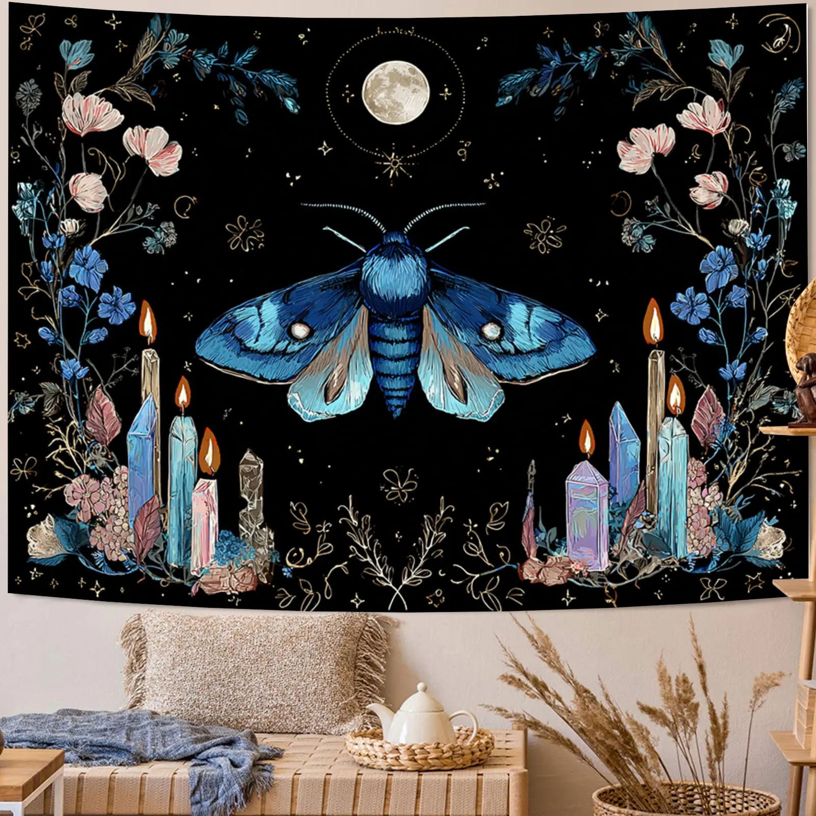Flower moth the candlelit moon Digital printing polyester wall hanging tapestry decorative Living room bedrooms background gift