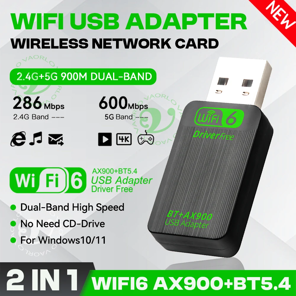 

AX900 WIFI6 USB Adapter 2 IN 1 Bluetooth 5.4 Dual Band 2.4G&5G 900Mbps WiFi 802.11AX Wireless Card Receiver Dongle For WIN 10/11