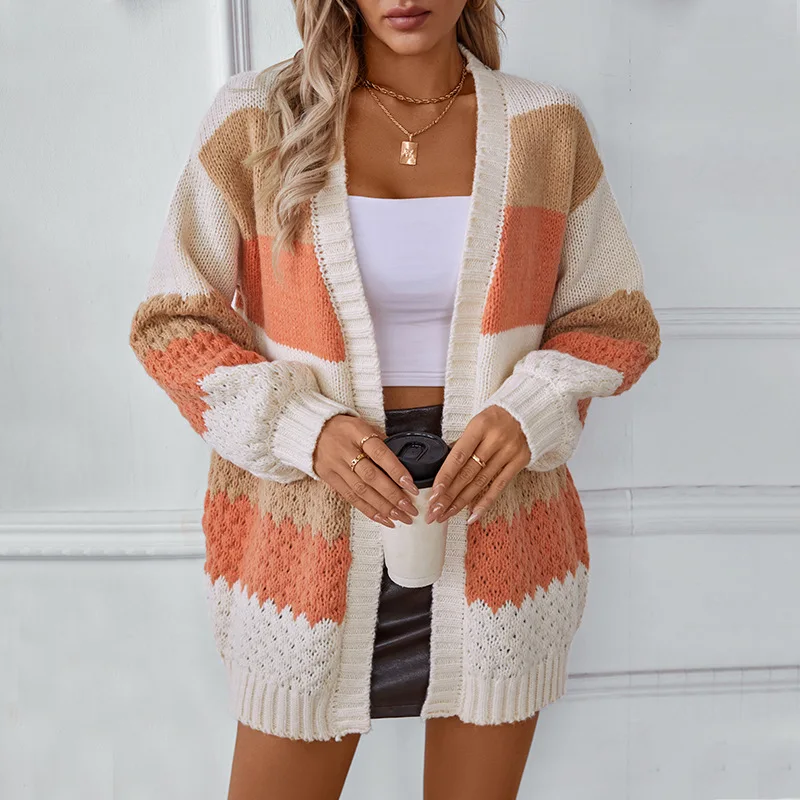 Women's cardigan sweater Contrasting stripes Spring/ autumn/winter loose casual jacket knitted long sleeved top basic
