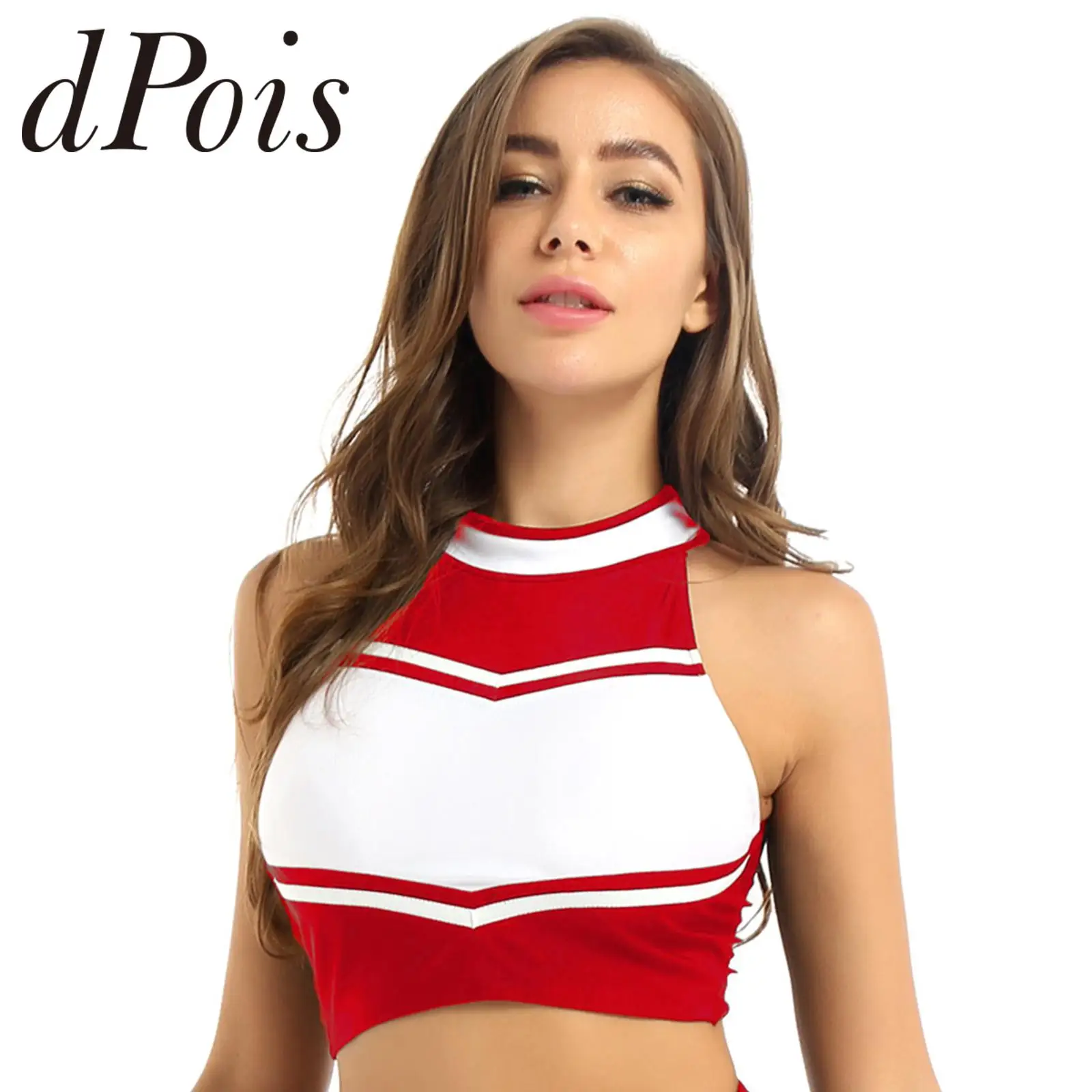 

Womens Adults Cheerleading Costume Color Block Sleeveless Crop Top Schoolgirl Role Play Cheerleader Uniform Tops Dancewear