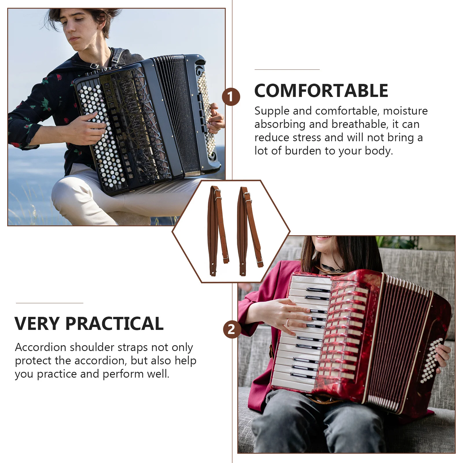 2 قطعة الأشرطة الكتف الأكورديون قسط قابل للتعديل أحزمة باس دائم آلة موسيقية اكسسوارات القهوة