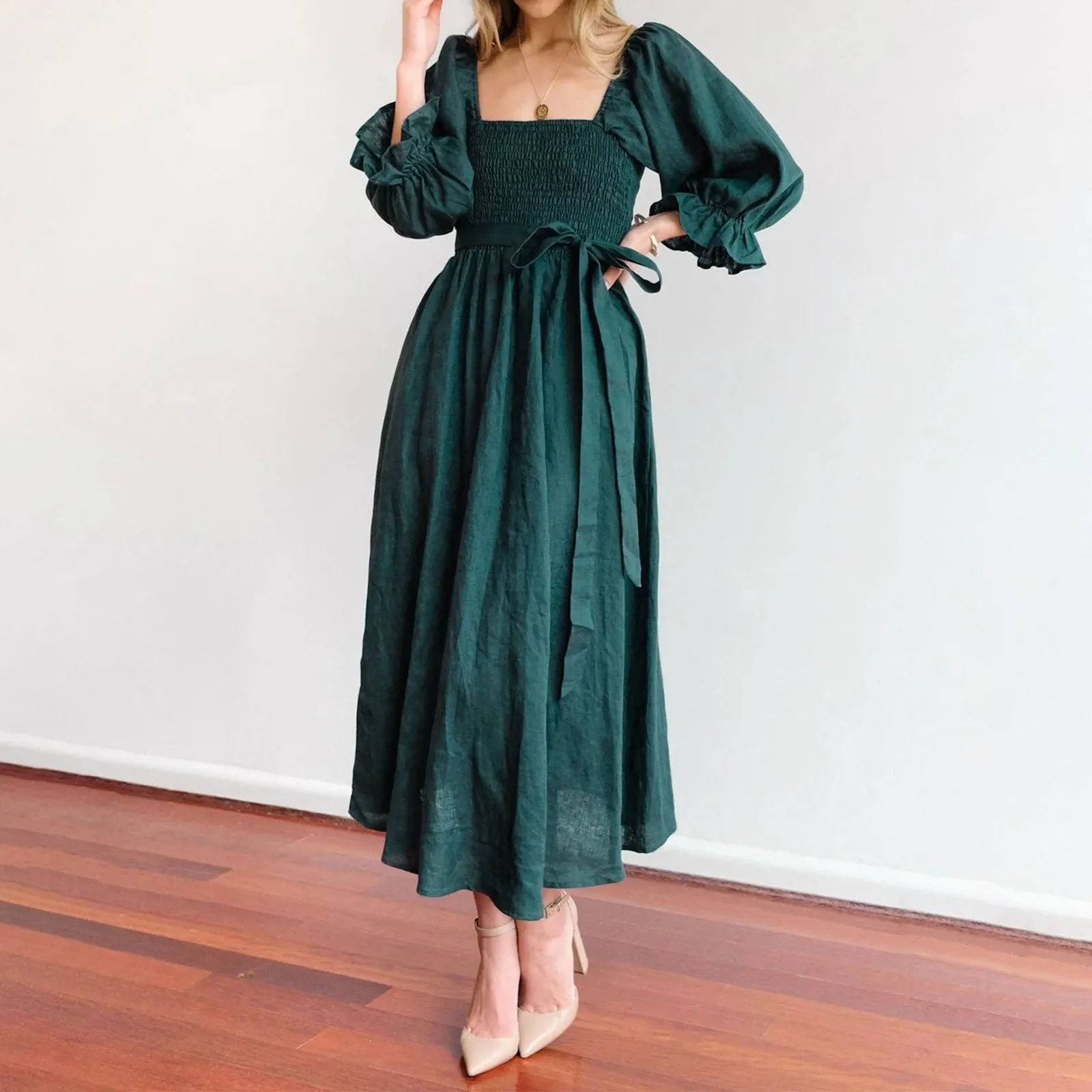 Sexy Tie Rope Belt Ruffle Trim Long Dress Elegant High Waist Draped Women Maxi Dresses Ruffles Short Sleeve V-Neck Sundresses