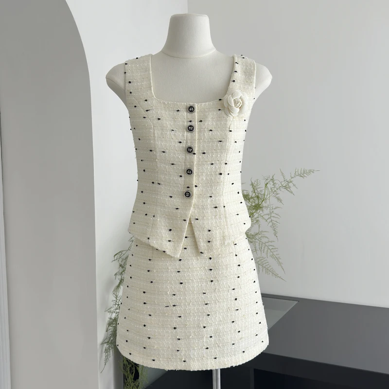 

Stylish Tweed Skirts Sets Women Sleeveless Waistcoat Korean Sweet High Waist Mini Skirts Female Suits with Liner
