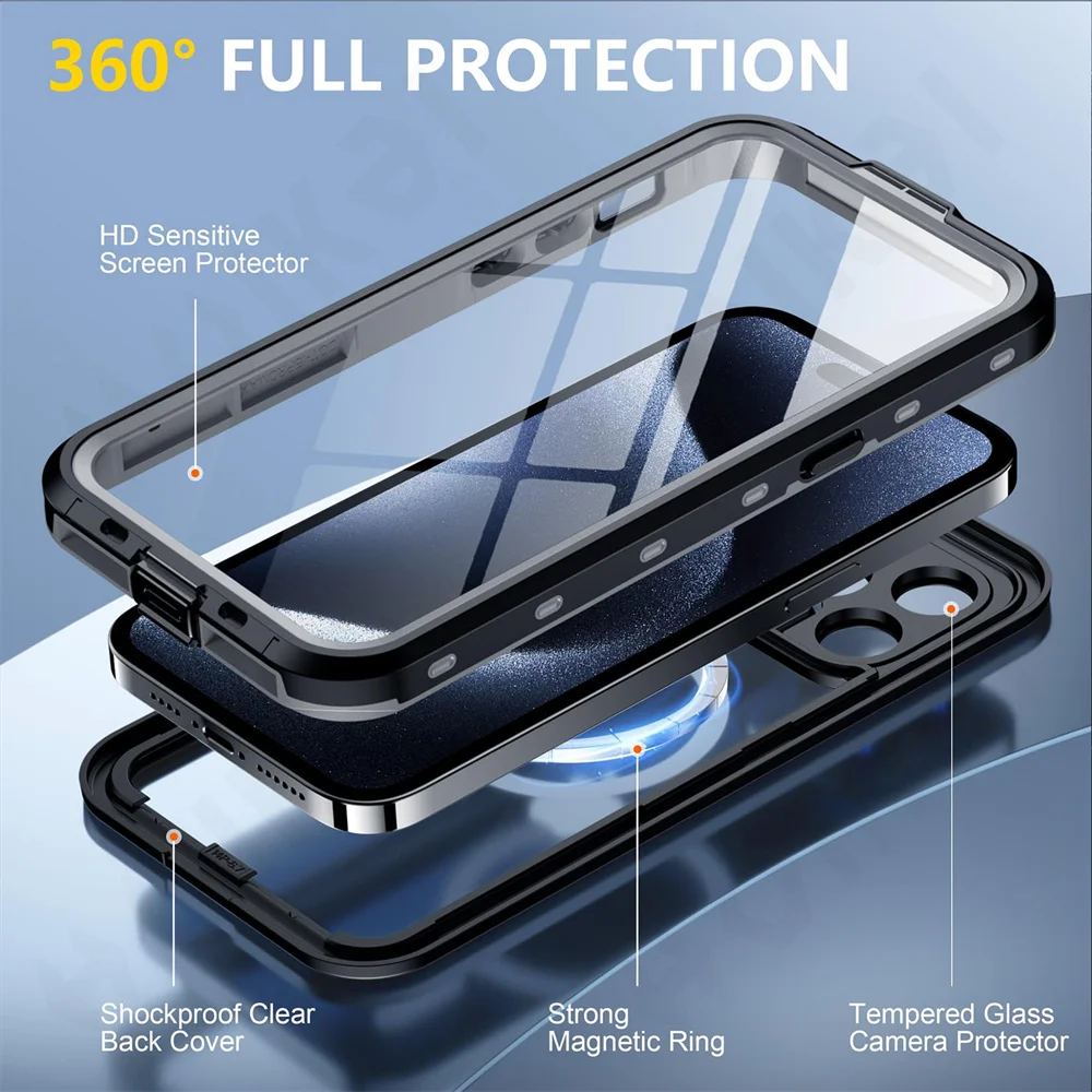 IP68 Waterproof Magnetic Case For iPhone 16 15 14 Pro Max Pro 13 Pro Max Protector Full Body Protective Dustproof Phone Case