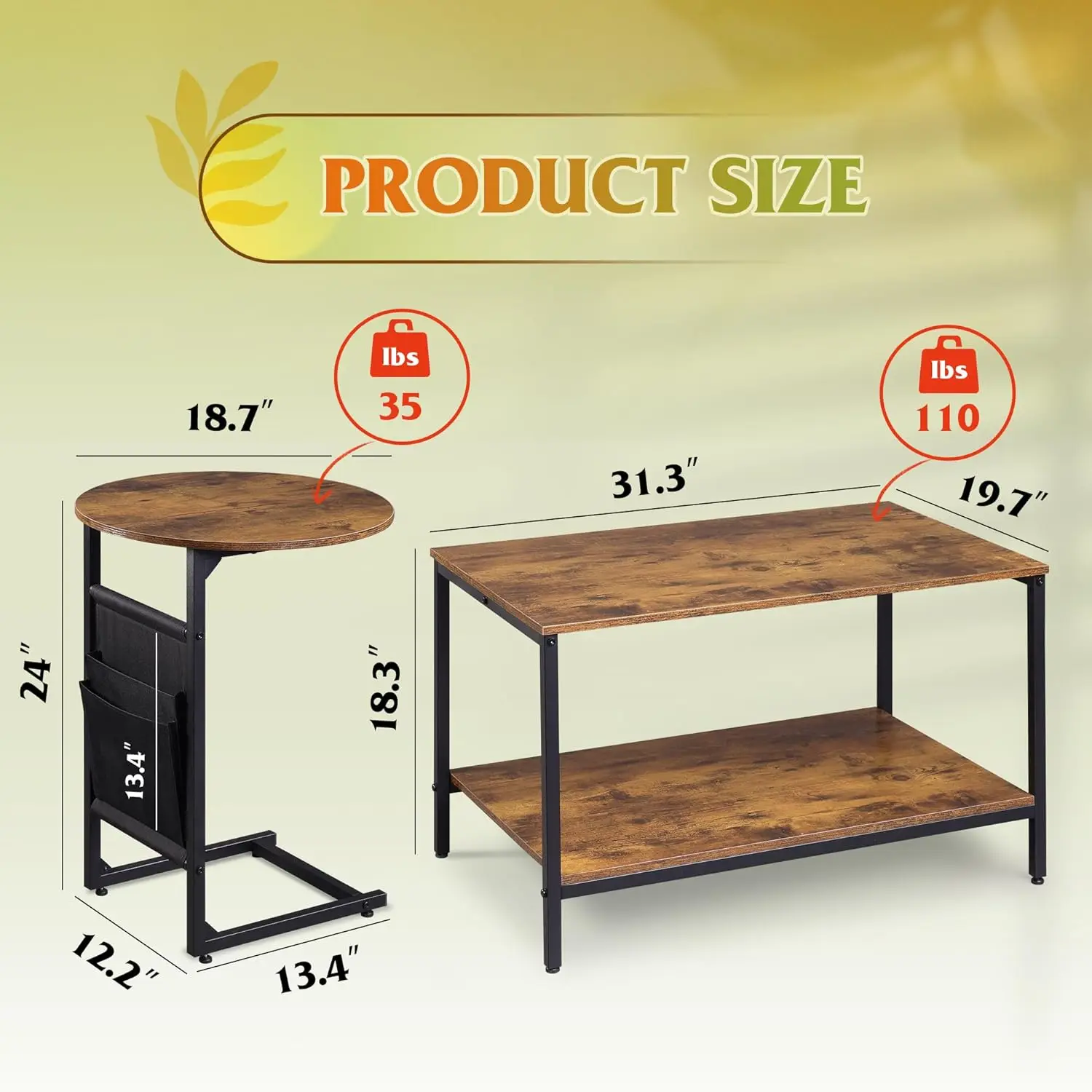

Журнальный столик Wlive, маленькие журнальные столики для гостиной 31,3 дюйма и 18,7 дюйма, современный центральный стол и набор приставных столиков с местом для хранения вещей