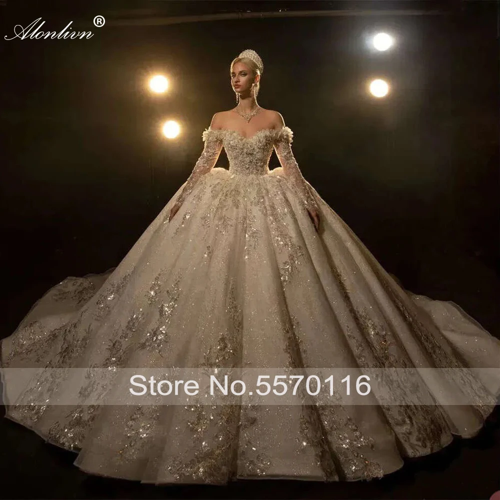 Alonlivn Custom Made Luxury Embroidery Ball Gown Wedding Dresses Delicate Shiny Lace Off Shoulder Full Sleeves Bridal Gowns