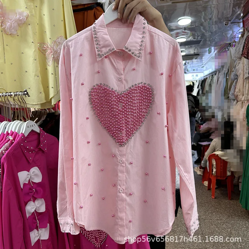 Heavy Love Beading Diamonds Female Blouses New Spring Autumn Loose Long Sleeve Cardigans Top Single-breasted Casual Women Shirts