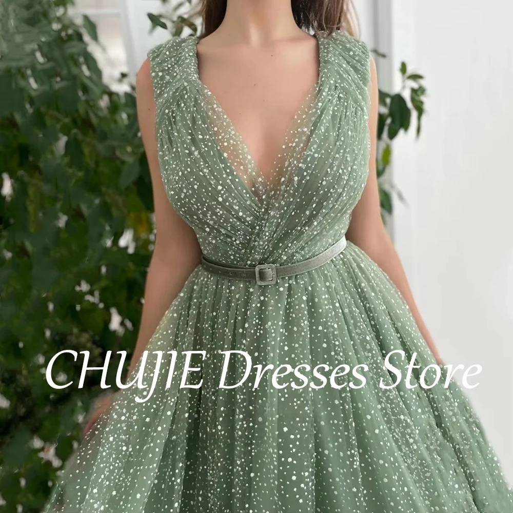 

Sage Green Formal Prom Dresses Dot Cap Sleeves V Neck A Line Evening Dress Customized Dubai Saudi Arabia Occasional Party Gowns