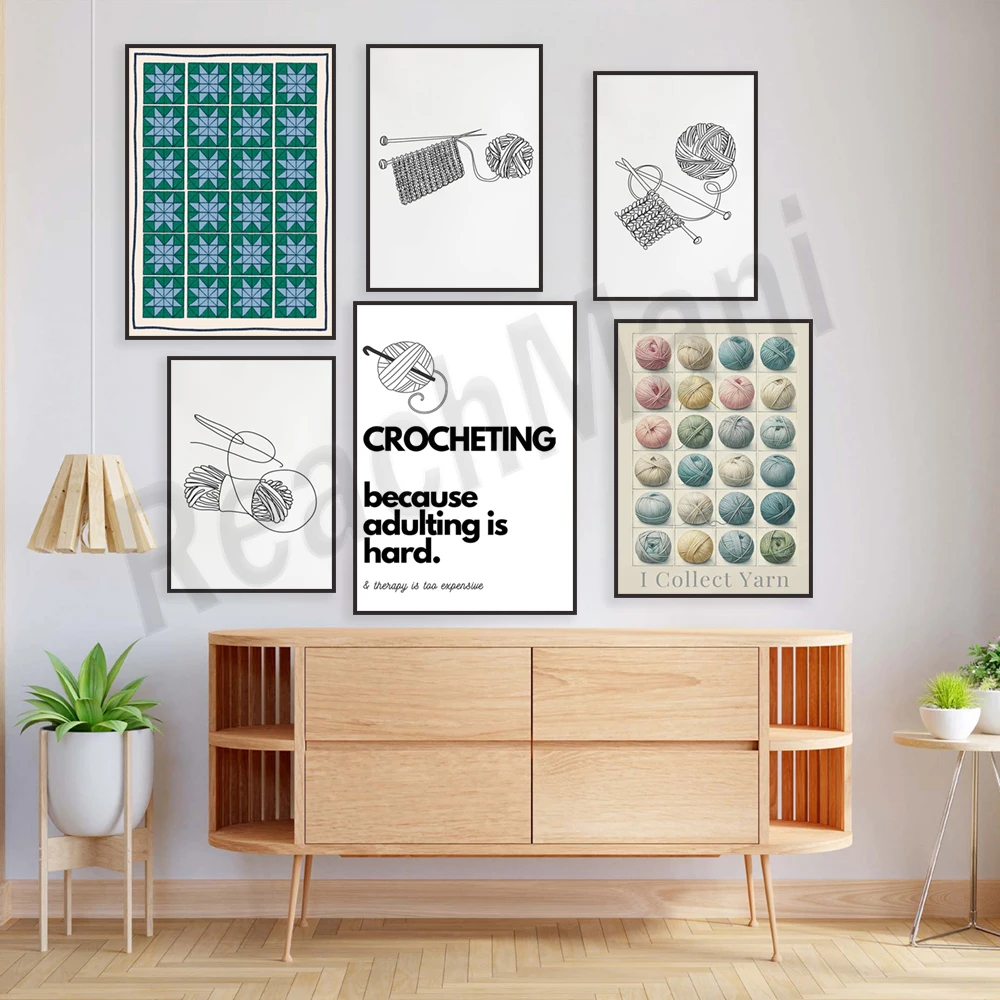 Minimalist knitting line art, crochet, yarn print, knitting outline drawing, crochet craft room decor poster