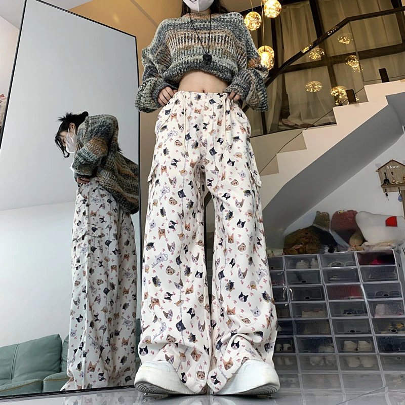 Women's Retro Graffiti Design Sense Work Suit Pants 90S Hot Girl Y2K Straight Tube Sports Street Dance Wide Leg Casual Pants