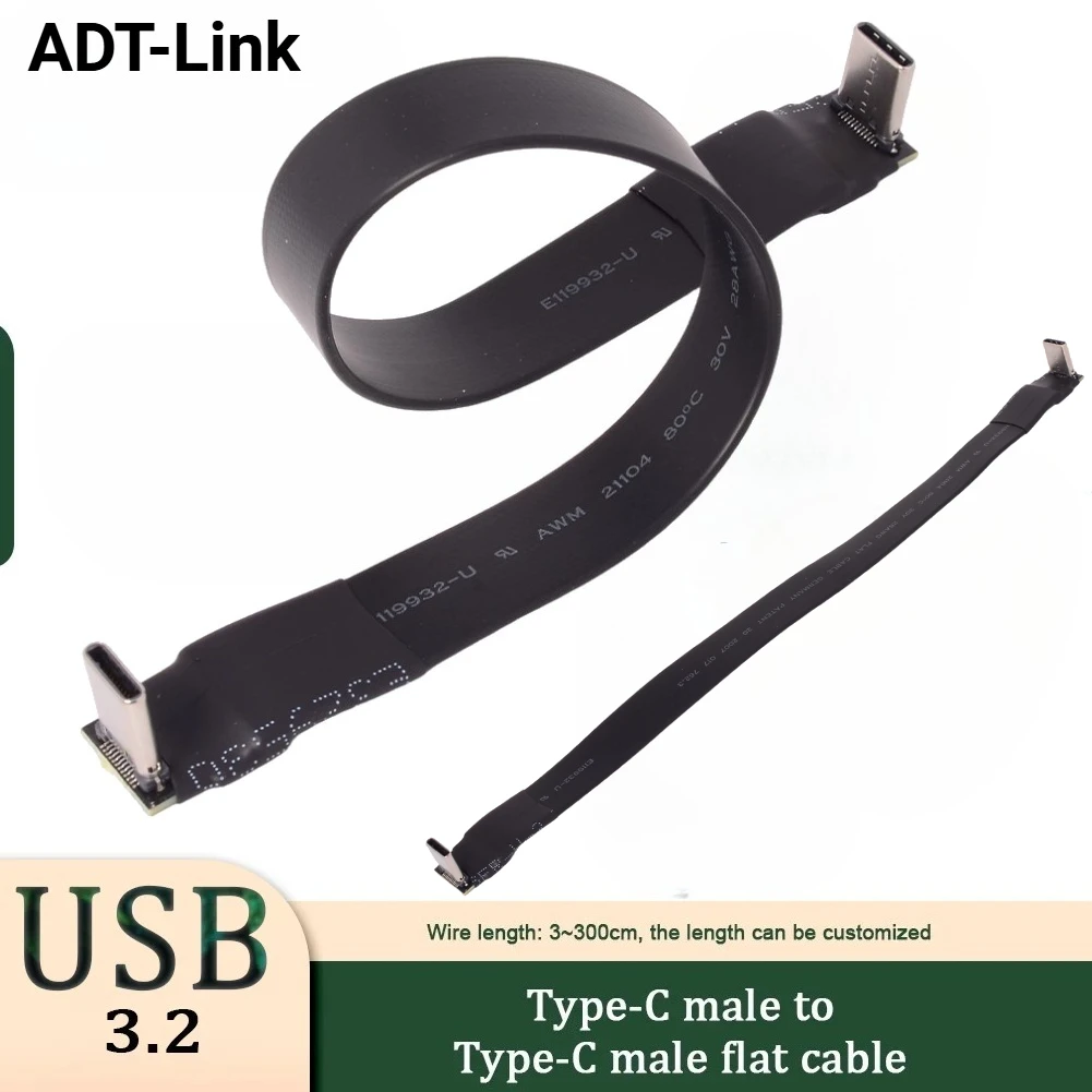 20G USB 3.2 Type C Gen2x2 Flat Ribbon Cable Fold 90 Angle USB C 3.2 Extender Data Charge FPC FPV Aerial Cord for 3A Phone Tablet