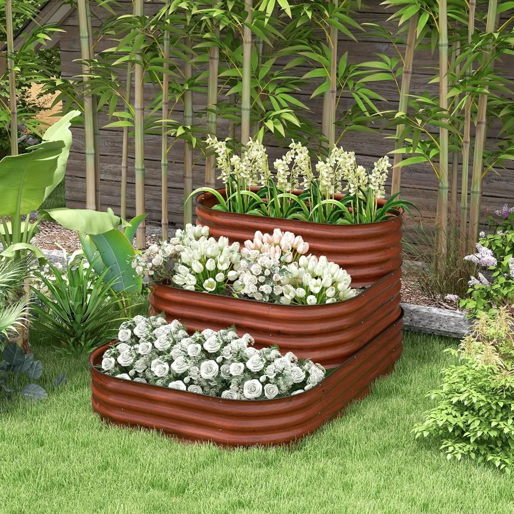 

3-Tier Galvanized Steel Raised Garden Bed Kit, 62.25" x 43" x 32.25", 3 Combining Planter Boxes with Rubber Strip, Customized