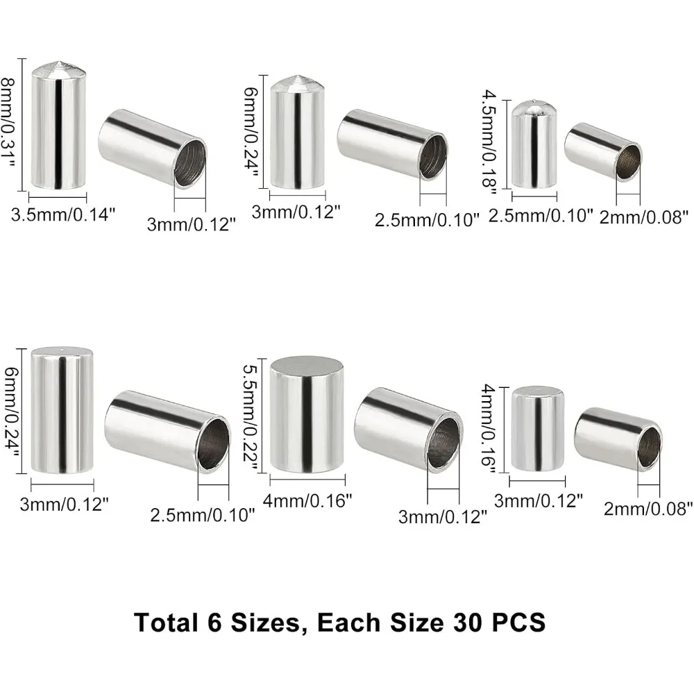 180pcs Stainless Steel Cord Ends 3 Size Leather Cord End Caps Cord 2/2.5/3mm Inner Diameter End Caps Terminators Clasp