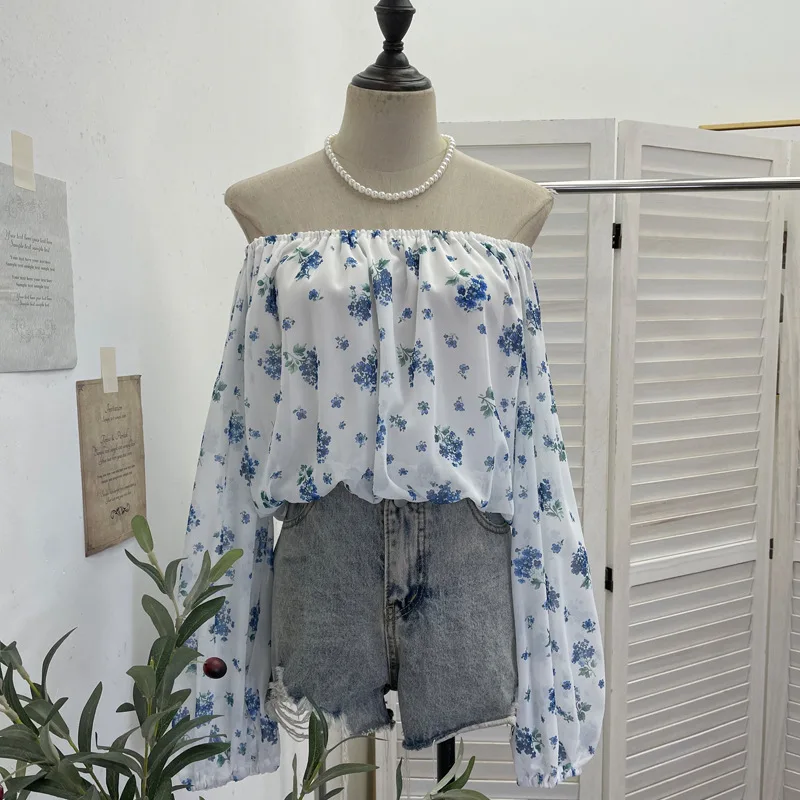 Off Shoulder Polka Dot Long Sleeve Blouse Sexy Y2K Crop Top Elastic Waist Chiffon Shirt For Hot Girls Daily Street Top23767