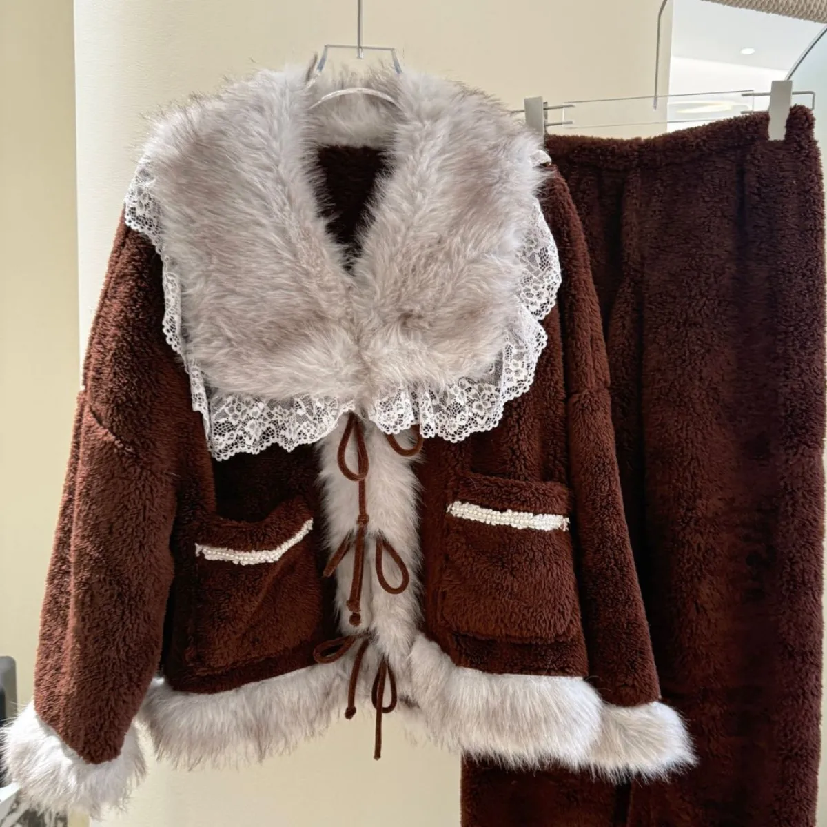 

Зимняя теплая одежда для сна, пушистый бархатный утепленный пижамный комплект, женские пижамные комплекты со штанами, комплекты брюк с карманами, одежда для сна, домашний костюм