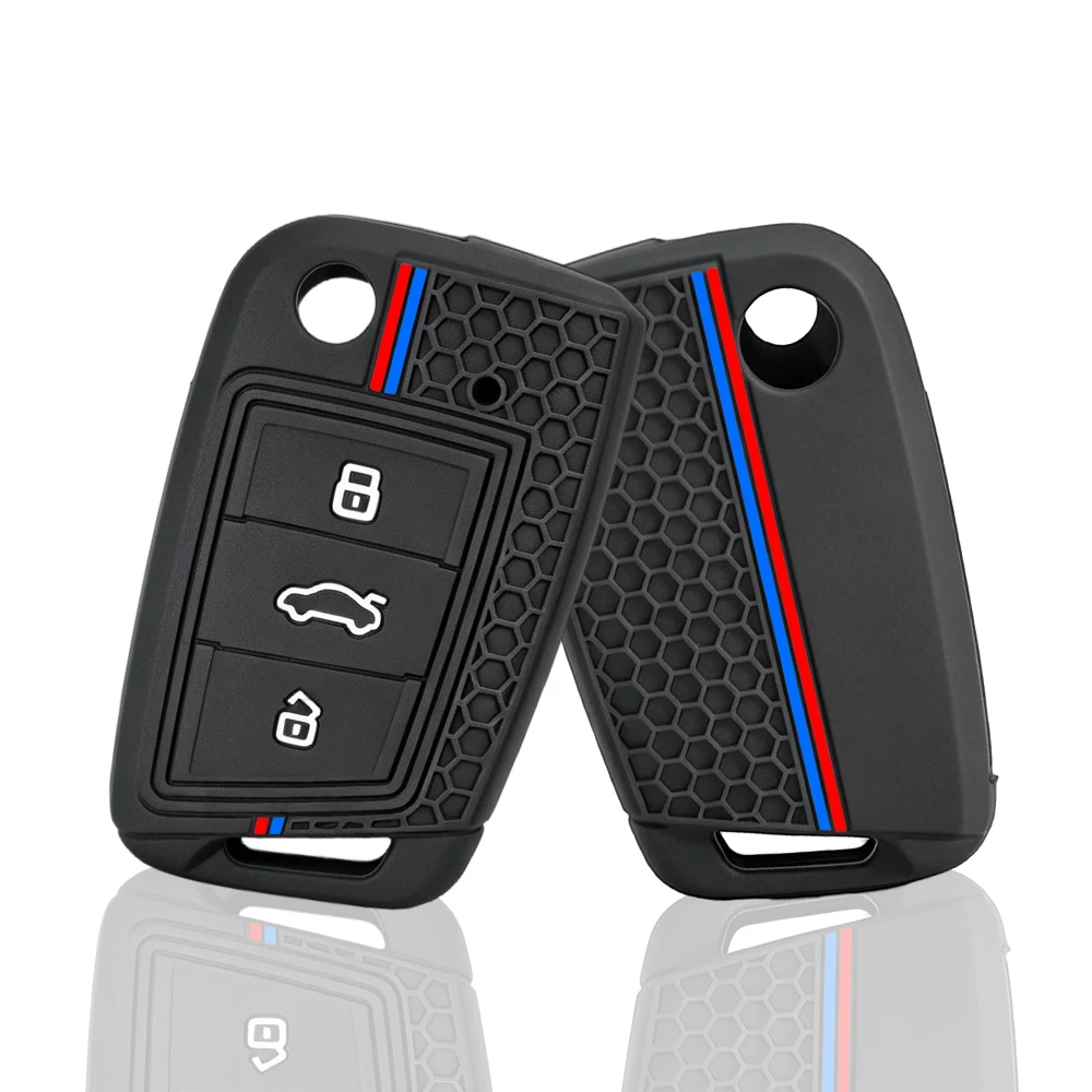 Silicone Car Key Cover Cap Fit For VW Golf 7 Mk3 Lion Polo T-cross Folding Case For Seat Toledo IV Ateca For Skoda A7 Rapid 2021