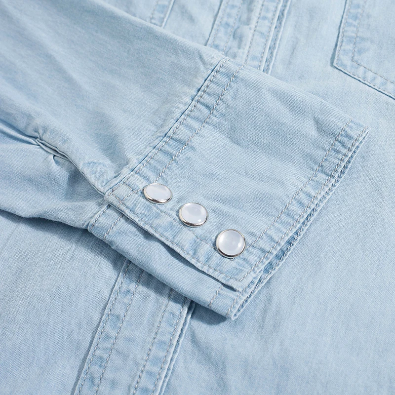 Autumn 2024 Denim Shirts & Blouses Women Long Sleeve Top Sky Blue Color Single Buttons Elegant Korean Tops Shirts With Pockets