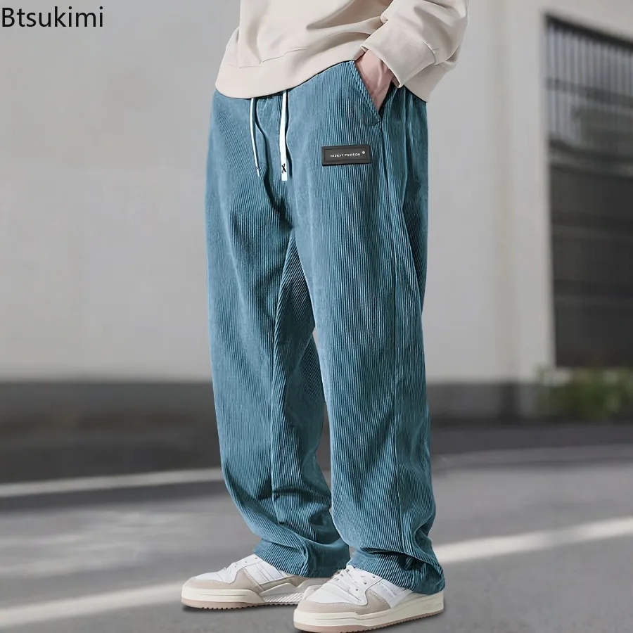 

Мужские осенние вельветовые прямые брюки с завязками на талии и карманами с логотипом, эластичная повседневная одежда, повседневные мужские брюки