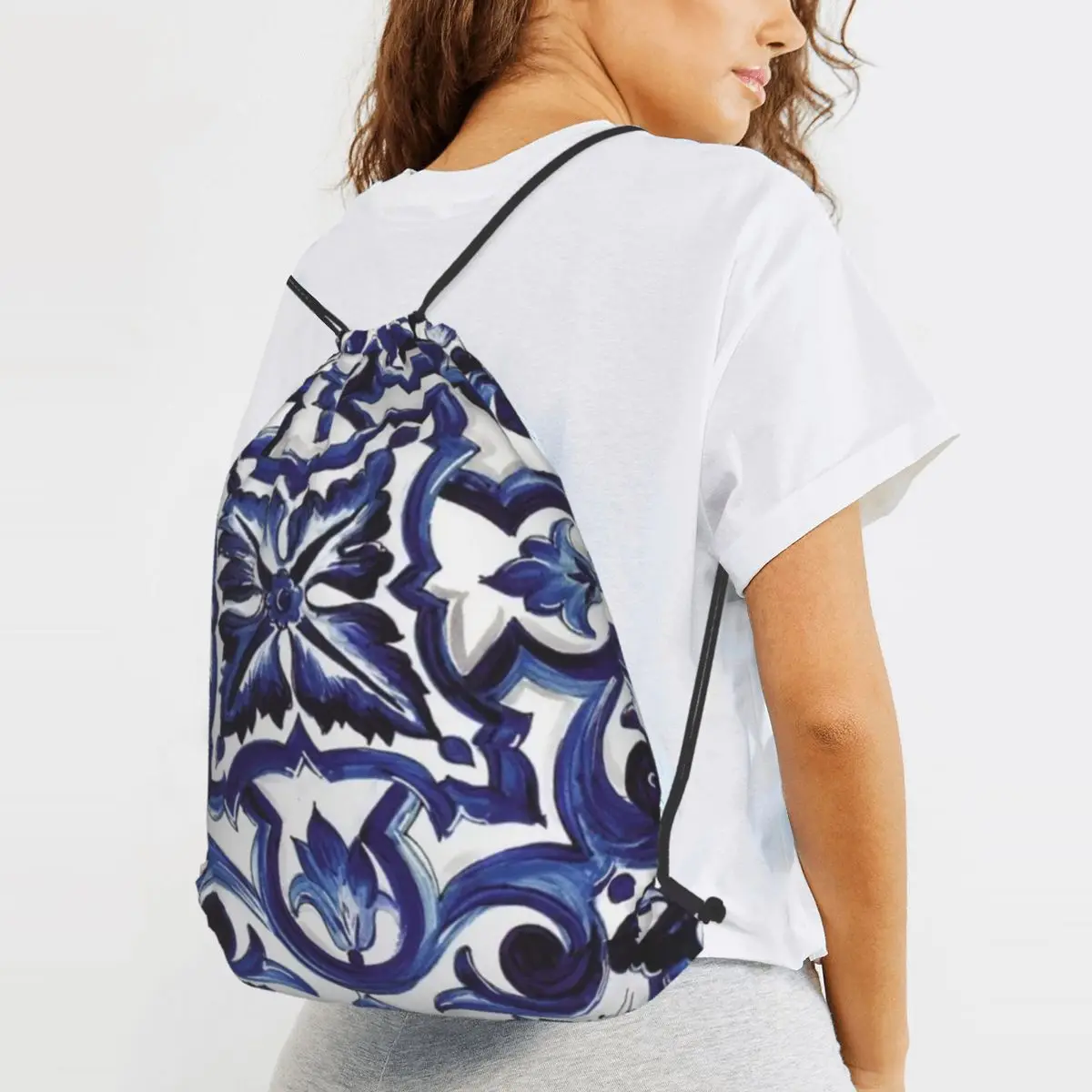 Blue Ornate Floral Mediterranean Sicilian Tile Backpacks Fashion Drawstring Bags Sundries Bag Book Bags for Travel School