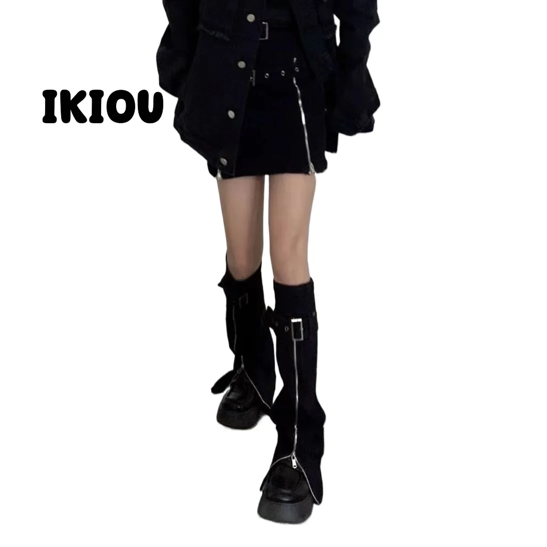 

IKIOU New Hot Girl Denim Leg Warmers with Zipper and Adjustable Buckle - Slimming Black Punk Techwear gothic clothes women