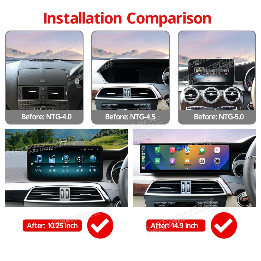 NAVIGUIDE 14.9'' Carplay Auto Car Multimedia Player For Mercedes C Class W204 W205 RHD 2008-2018 Android 13 GPS Navi BT Headunit