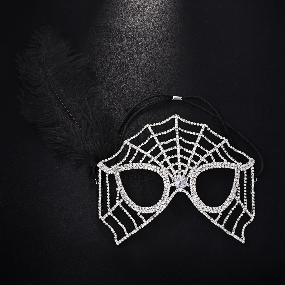 Halloween Black Feather Mesh Mask Chain Party Face Accessories Carnival Exaggerated Rhinestone Masks Veil Performance for Women