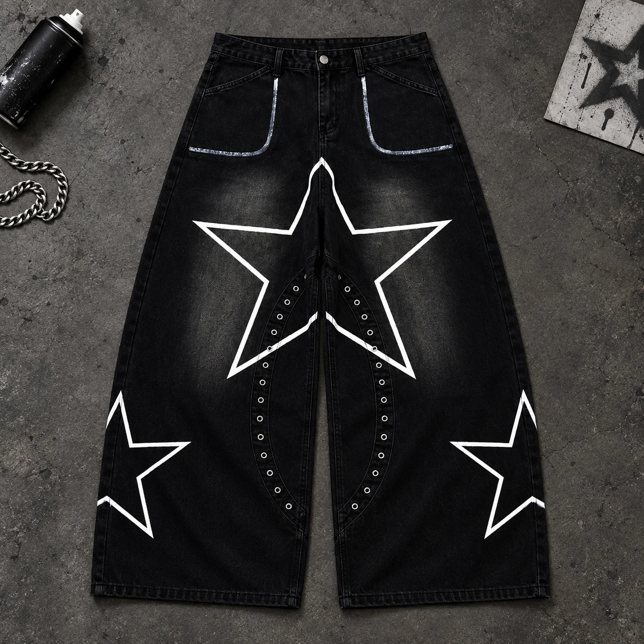 Ripped Rivet Five Pointed Star Graffiti Baggy Jeans Men and Women High Waist Wide Leg Trousers Hip Hop Casual Dance Denim Pants