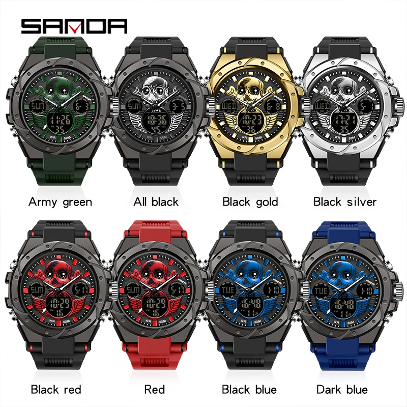 SANDA 6087 الرياضة الجمجمة ساعات رجالية فاخرة العسكرية كوارتز ساعة إلكترونية مقاوم للماء ساعات المعصم الرقمية Relogio Masculino