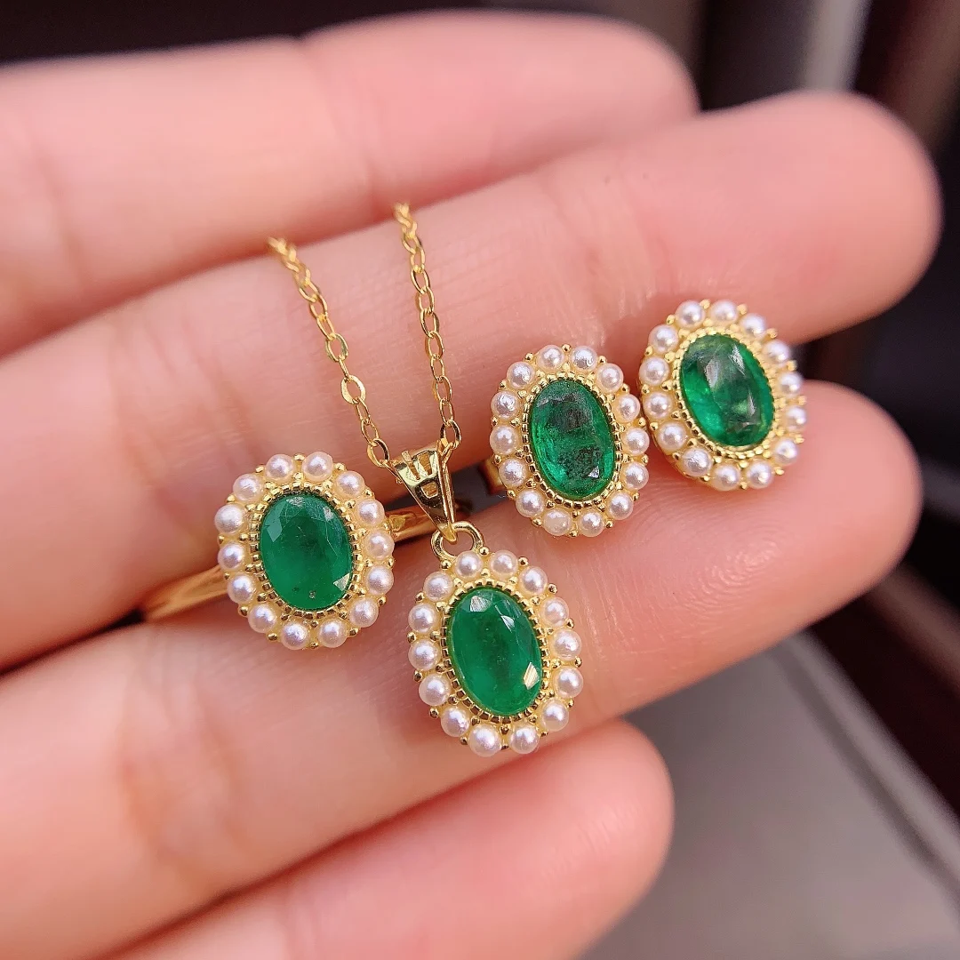 

Seckill Style Sterling Silver 925 Natural Emerald Jewelry Set Seckill free shipping women's jewelry wholesale elegant gift