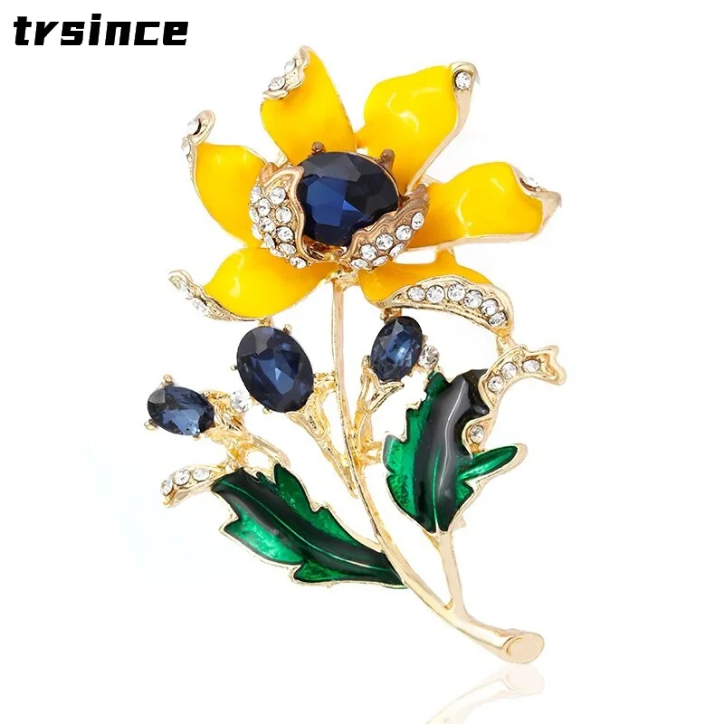 Color Enamel Flower Brooches for Women Fashion Beautiful Large Cyrstal Rhinestone Plant Brooch Female Jewelry Gift