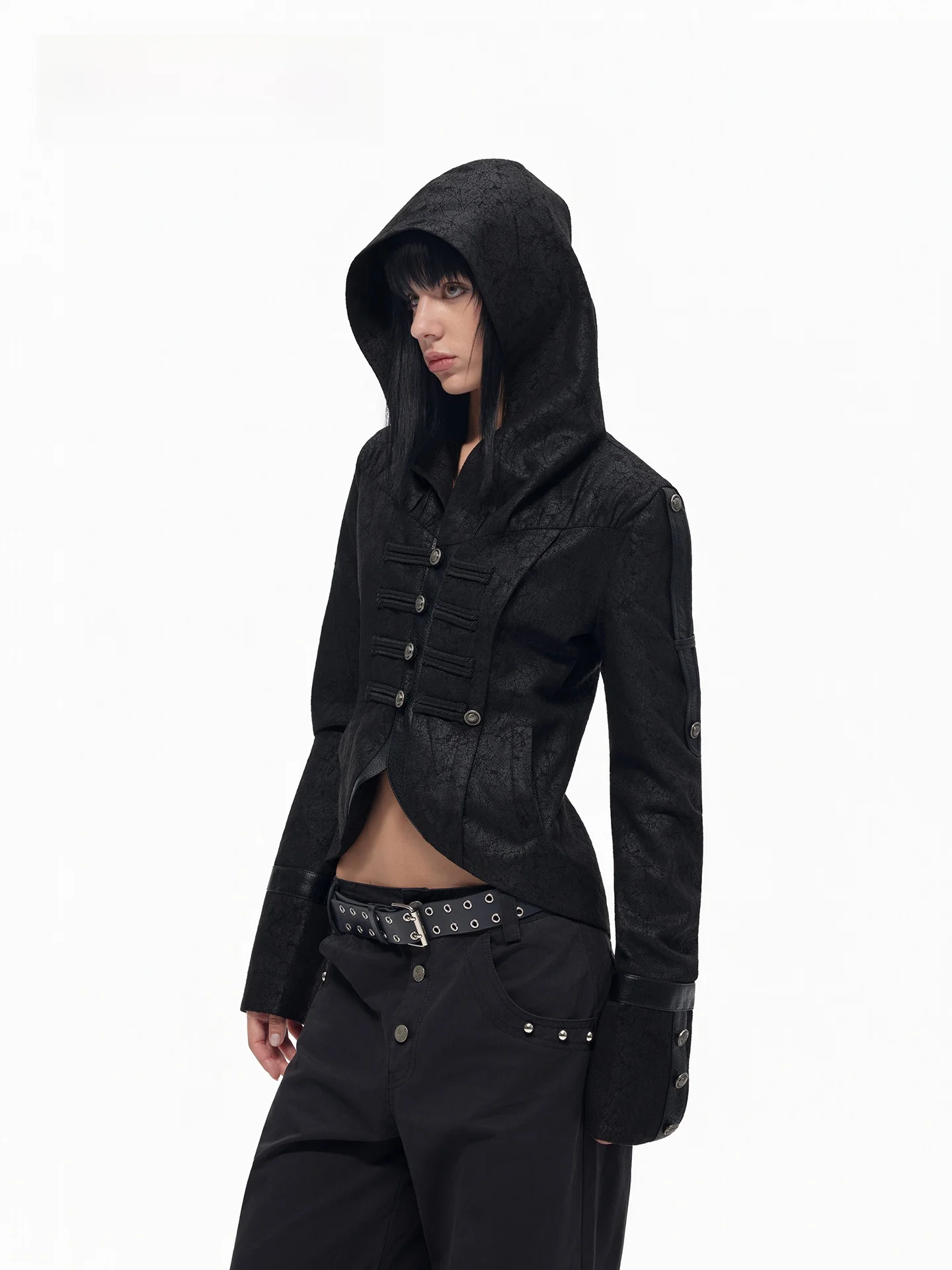 TOOOLAZY Slim Fit Napoleon Jacket with Hood Black Collar up Short Casual Style Women's PU Leather Jacket Button Closure