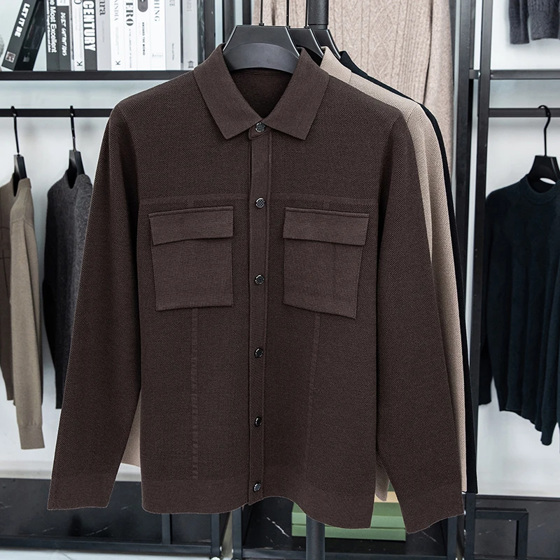 Men's Luxury Knitted Cardigan Long Sleeve Lapel Thickened Button down Double Pocket Solid Color Autumn Winter Fashion Men's Wear
