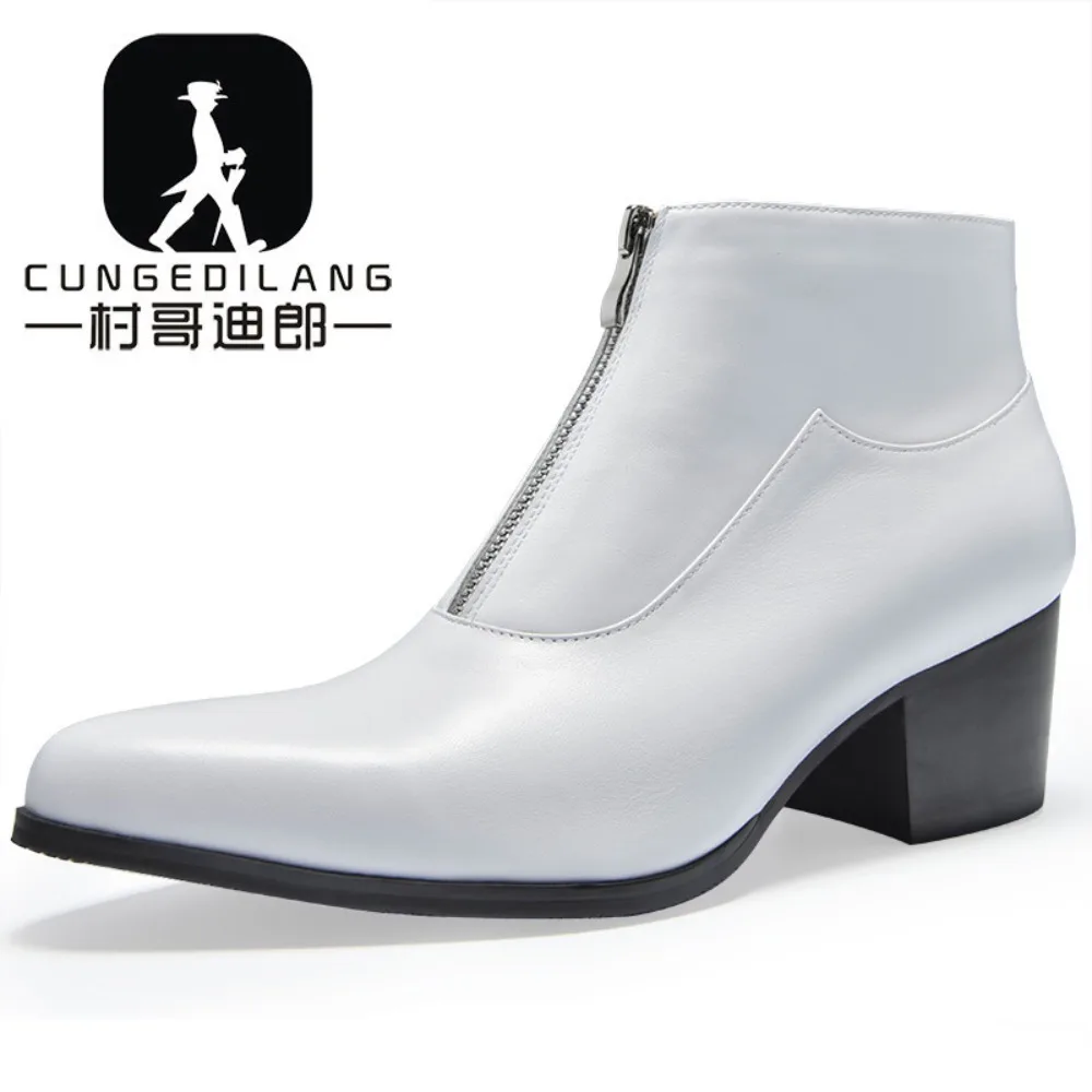 6 Cm High Heels Men's Ankle Boots Luxury Genuine Leather 2024 Winter Warm Black White Wedding Party Social Boots Man Dress Shoes