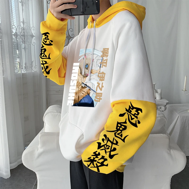 Demon Slayer Anime Harajuku Men Women Patchwork Winter Hoodies Kimetsu no Yaiba Cool Inosuke Hashibira Plus Size Sweatshirts