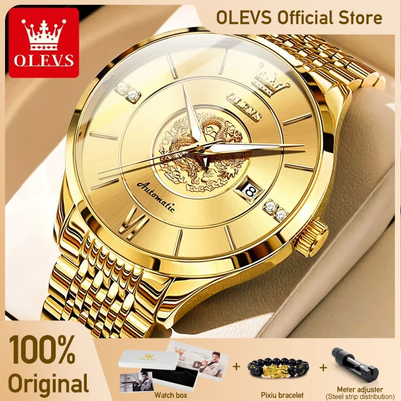 OLEVS Men's Chinese Dragon Dial Automatic Mechanical Wristwatch, Stainless Steel, Waterproof, Luminous Date, Business, Luxury