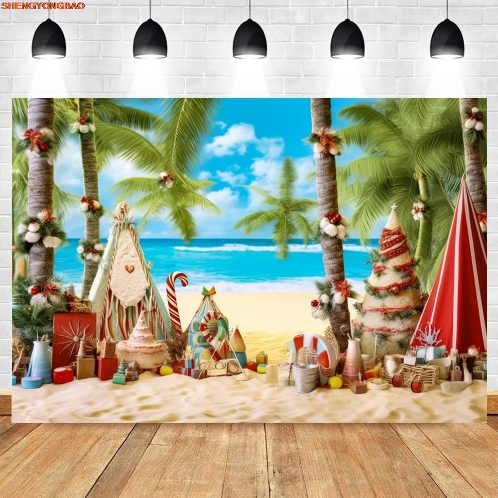 الصيف عيد الميلاد خلفية شاطئ البحر شجرة جوز الهند ثلج شجرة عيد الميلاد هدايا الطفل الاطفال صورة خلفية التصوير الفوتوغرافي