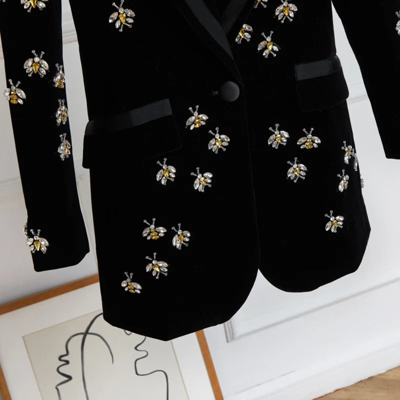CHUJIE 2025 Spring Autumn Women's Long Velvet Blazer With Bee Embroidery & Beaded Detailing – Elegant Office Dinner Jacket