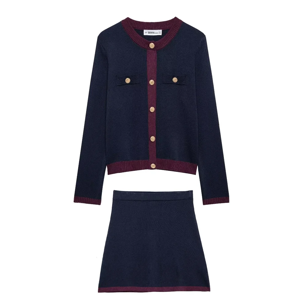 

2025 TRAF Spring New Women's One Row Button Long Sleeve Knitted Coat and A-Type Mini Skirt Two Piece Set