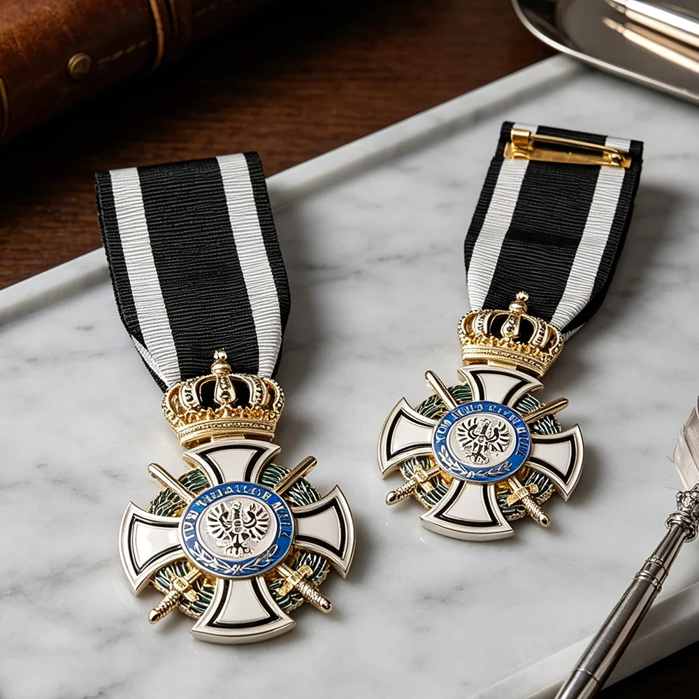 1PC Prussian Knight's Cross Order Ribbon Medal Crown Badge Pin Decoration Craft Gift Black and White Ribbon Badge
