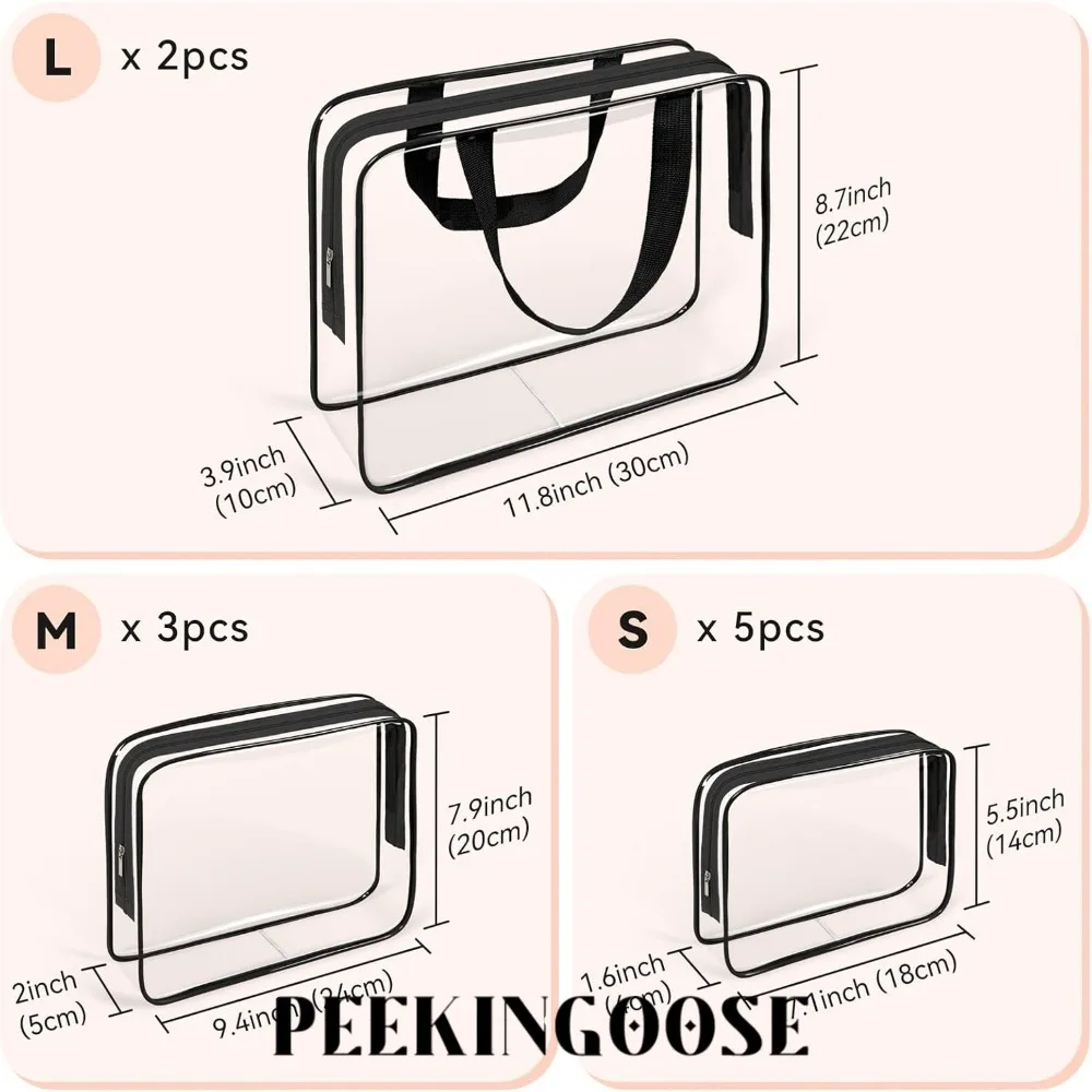 Peekingoose 10 PCS Clear Travel Makeup Toiletry Bag, Plastic PVC Cosmetic TSA Approved Organizer Kit with Zipper Handbag（Black）