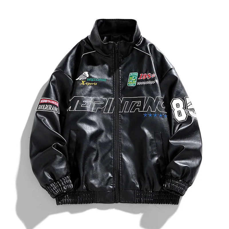 

Men's Stand Collar Leather Jacket Spring and Autumn Fashionable American Motorcycle Suit Pu Leather Jacket