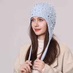 Hat Earflap Women Winter Angora Knit Sequins Warm Accessory For Cold Weather Outdoor Skiing Sports Holiday