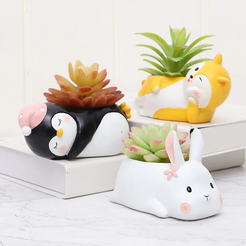 Cartoon Animal Succulent Flower Pot Cute Rabbit Penguin Resin Flowerpot Garden Planting Pot Desktop Ornaments Garden Planter