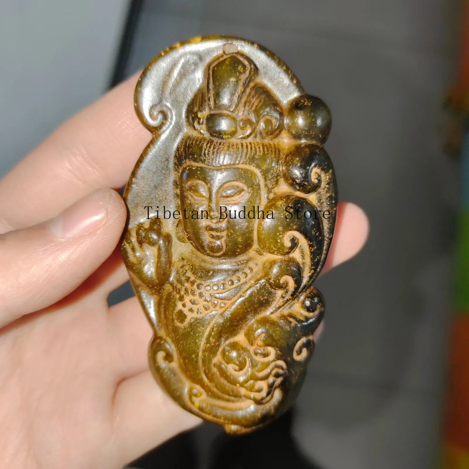 Tibet hetian old jade Kwan-Yin GuanYin tangka statue Protection pendant amulet