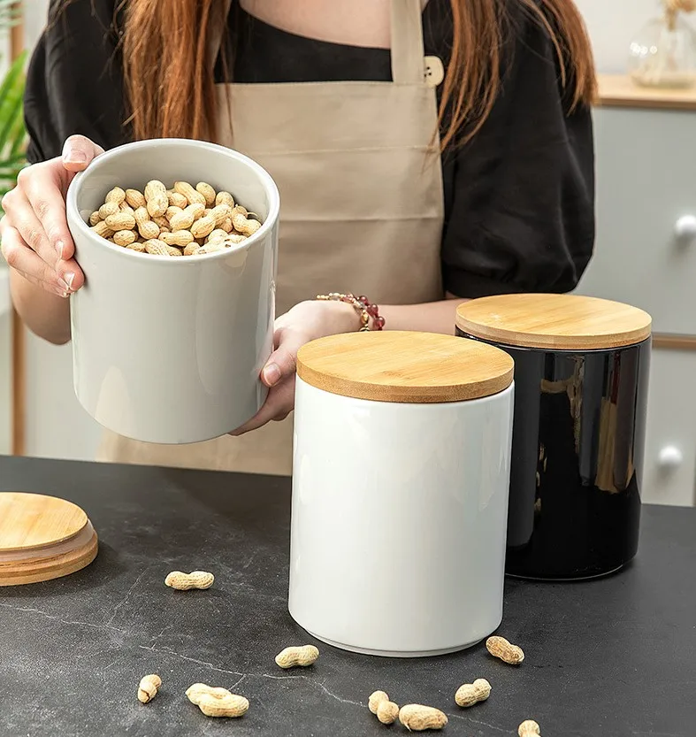 500/800/1900ml Ceramic Food Storage Containers Coffee Bean Storage with Bamboo Lid Kitchen Storage Container Kitchen Organizer