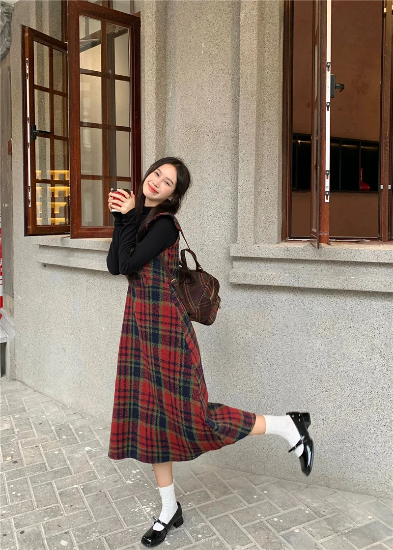 Preppy Style Women\'s Scottish Dress Set Spring Autumn Woolen Plaid Flying Sleeve Dresses + Black High-neck Slim Pullover Elegant