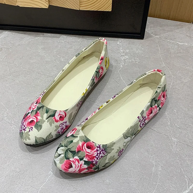 Woman Roses Graphic Spring Summer Flats Lady Fashion Pointed Toe Outside Flats Female Slip On Comfortable Casual Canvas Shoes