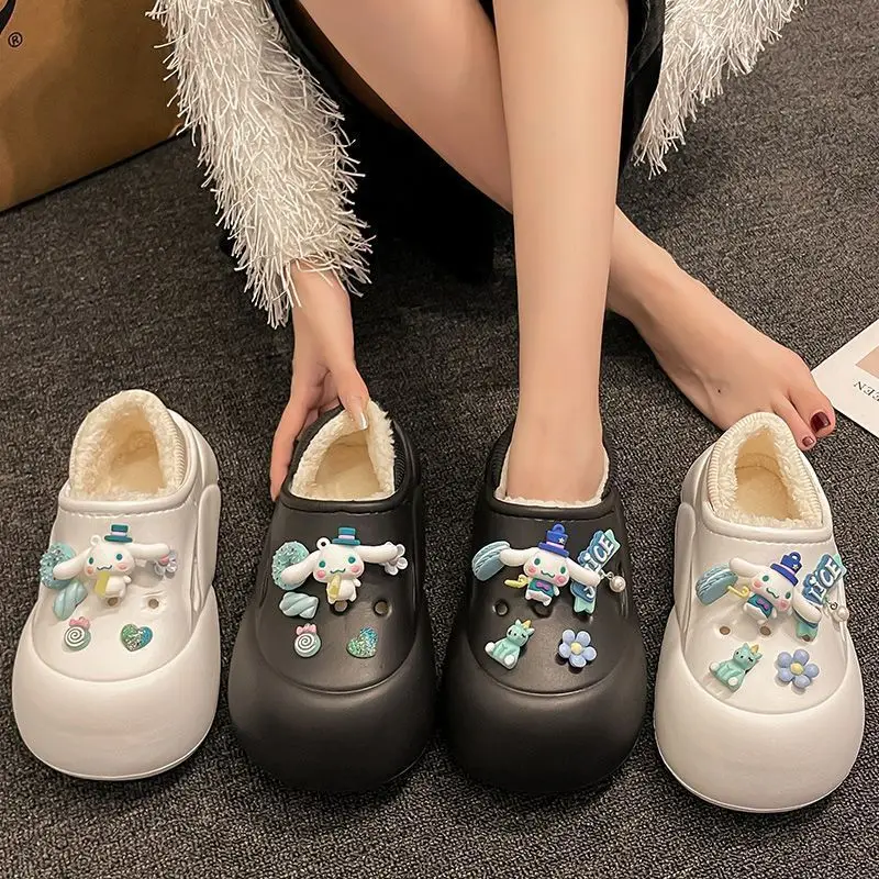 Cartoon Sanrio Cinnamoroll women's cute new winter home indoor plus velvet warm non-slip wear-resistant bag heel cotton slippers