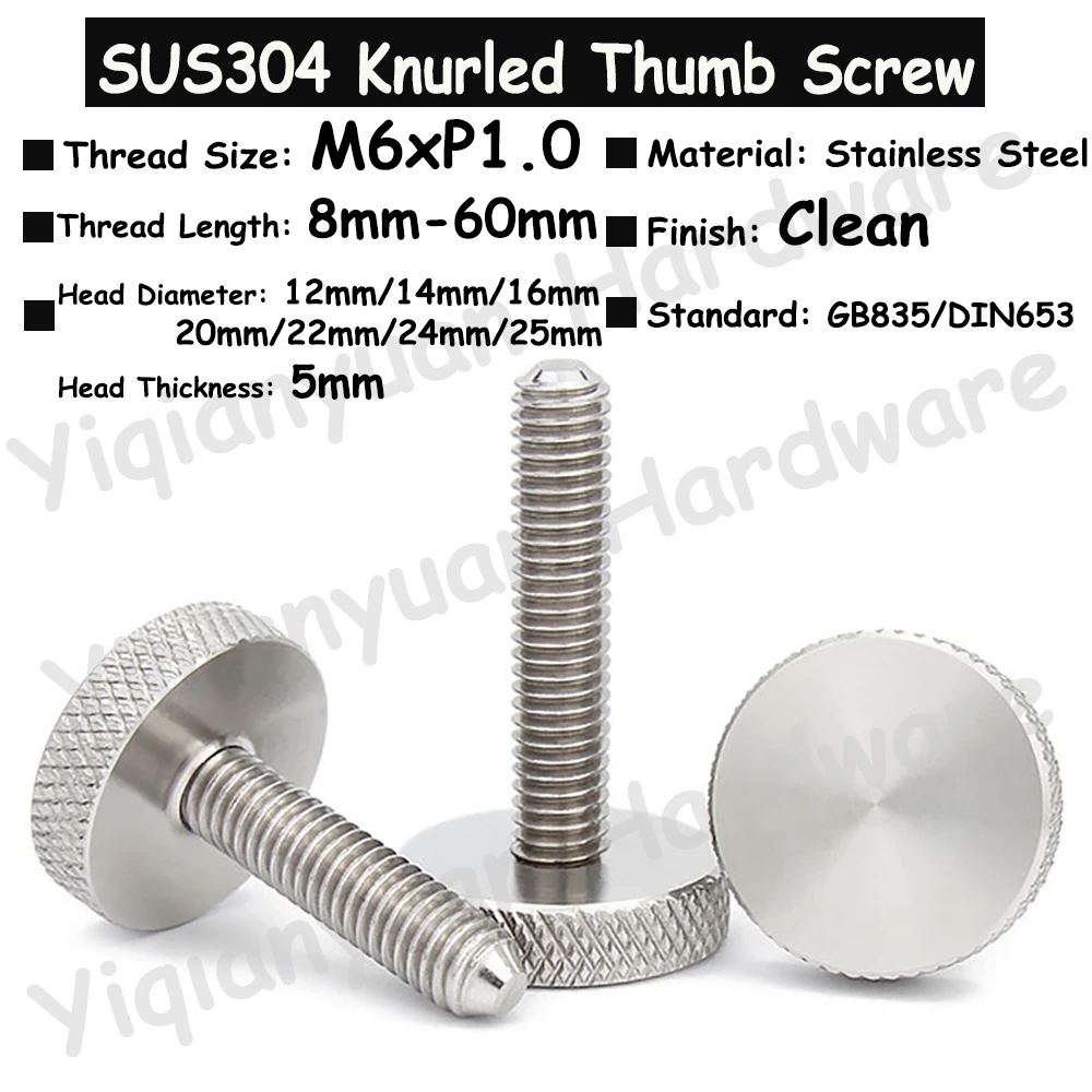 

1000Pcs M6x16 GB835 DIN653 SUS304 Stainless Steel Hatching Knurled Thumb Screw Flat Head Curtain Wall Glass Hand Tighten Bolts