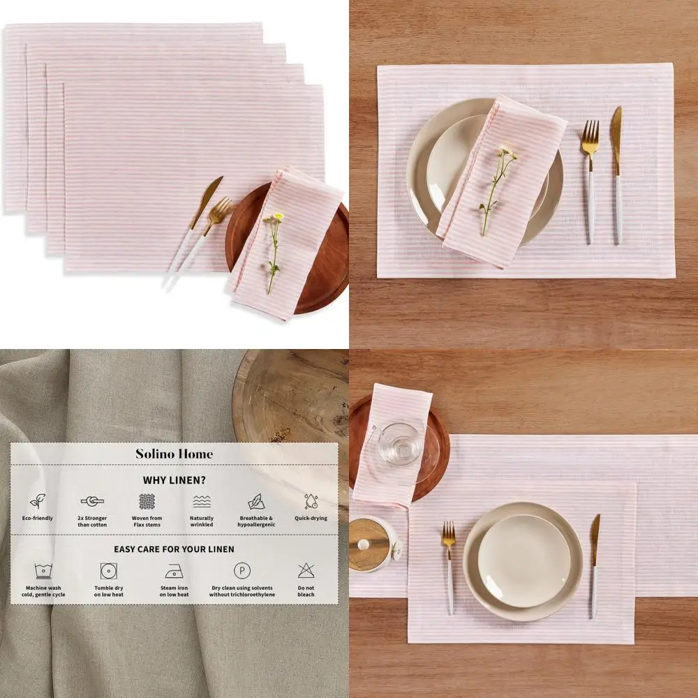 

Pure Linen Placemats Set of 4 - Peach and White Narrow Stripes, 14x19 Inches, Durable and Elegant Table Decor